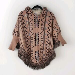 Vtg Aztec Print Poncho W/Hood Norma Angelica MX/Unisex Multicolor Lined 90’s
